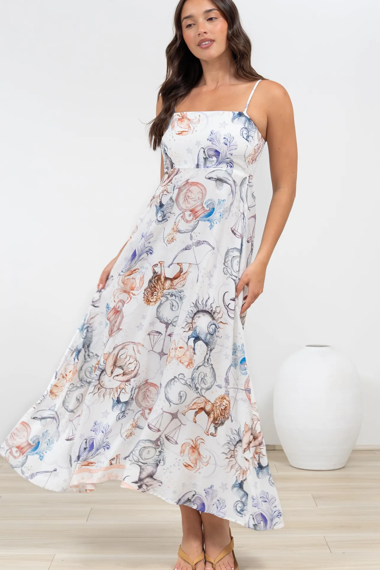 Mattina Maxi Dress: Spaghetti Strap Sun Dress in Zodiac Print>Salty Crush Best