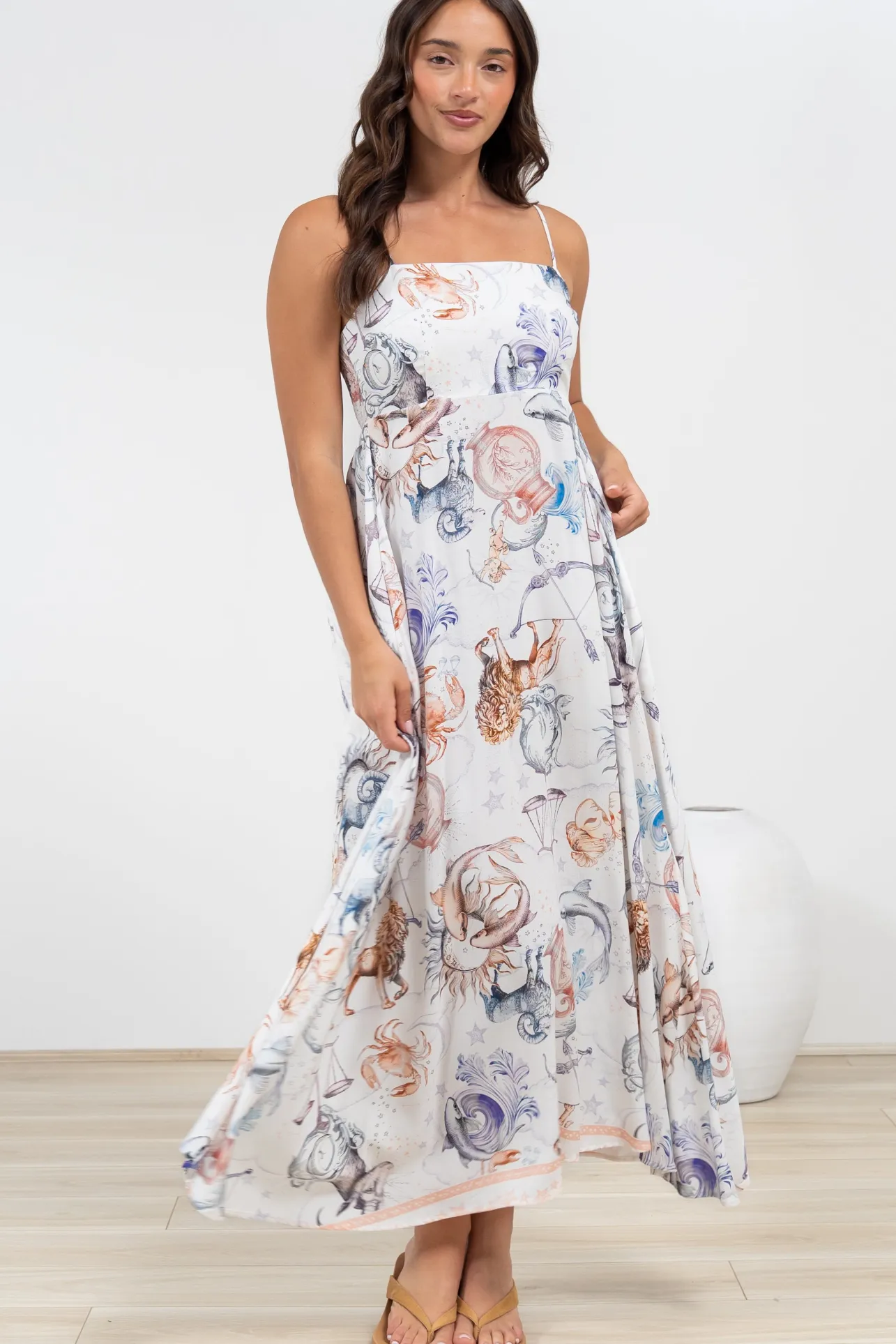 Mattina Maxi Dress: Spaghetti Strap Sun Dress in Zodiac Print>Salty Crush Best