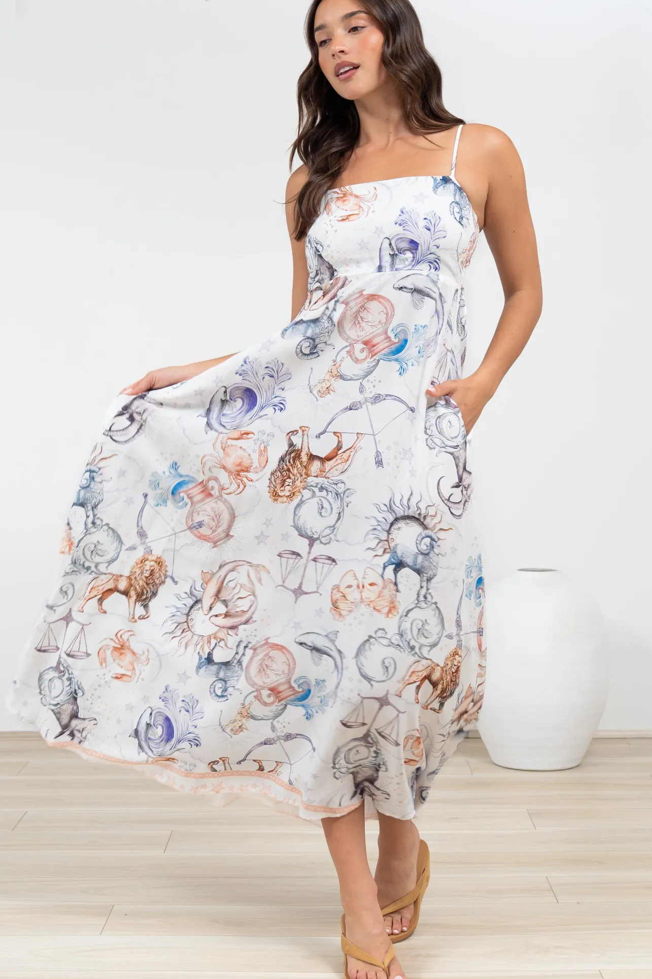 Mattina Maxi Dress: Spaghetti Strap Sun Dress in Zodiac Print>Salty Crush Best
