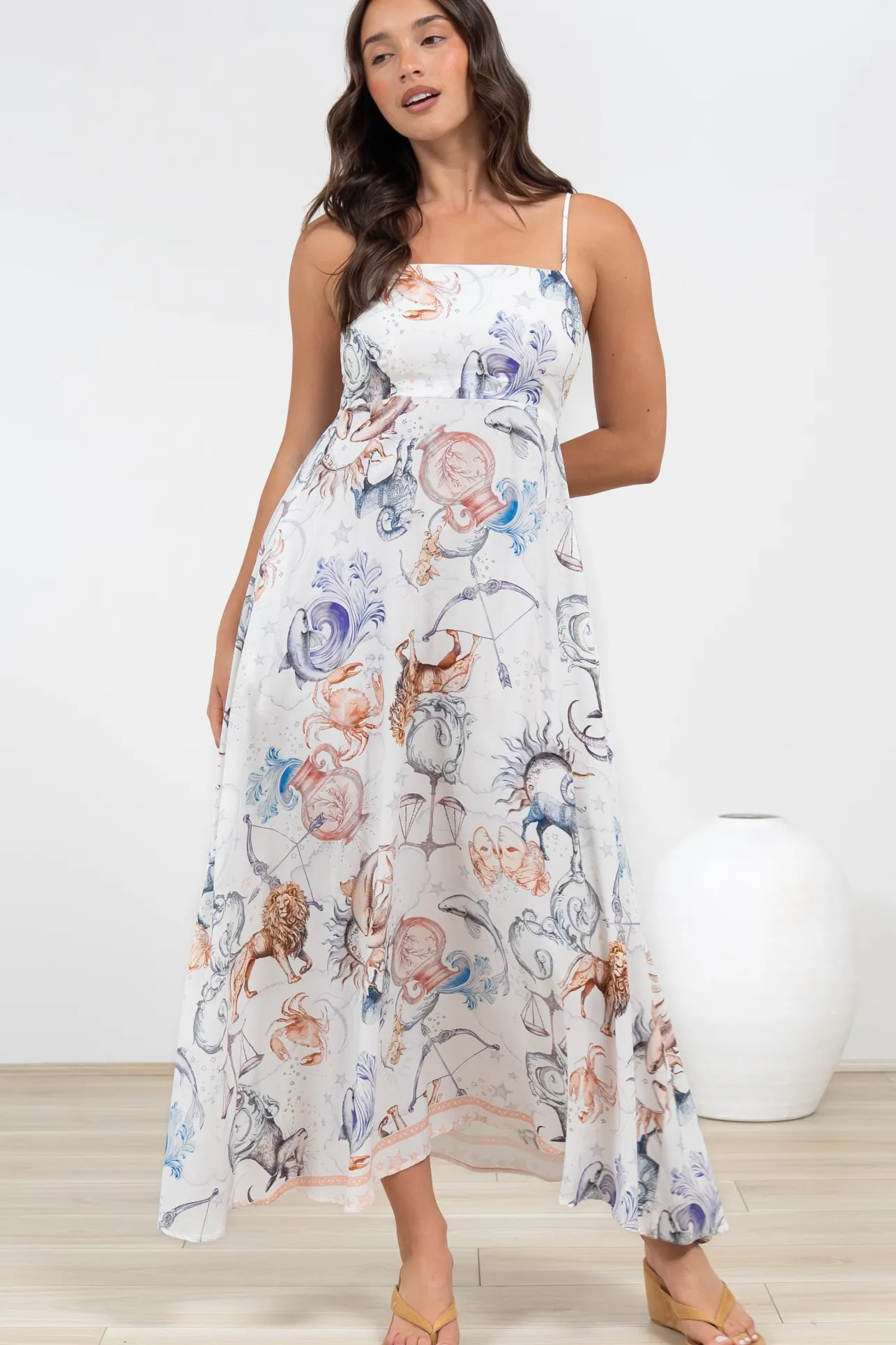Mattina Maxi Dress: Spaghetti Strap Sun Dress in Zodiac Print>Salty Crush Best