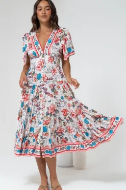 Melba Midi Dress - V-Neck Buttoned Down Dress with Flutter Sleeves in Safia Print>Salty Crush Best