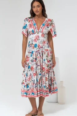 Melba Midi Dress - V-Neck Buttoned Down Dress with Flutter Sleeves in Safia Print><noscript><img width=