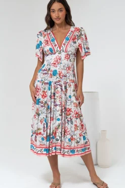 Melba Midi Dress - V-Neck Buttoned Down Dress with Flutter Sleeves in Safia Print><noscript><img width=