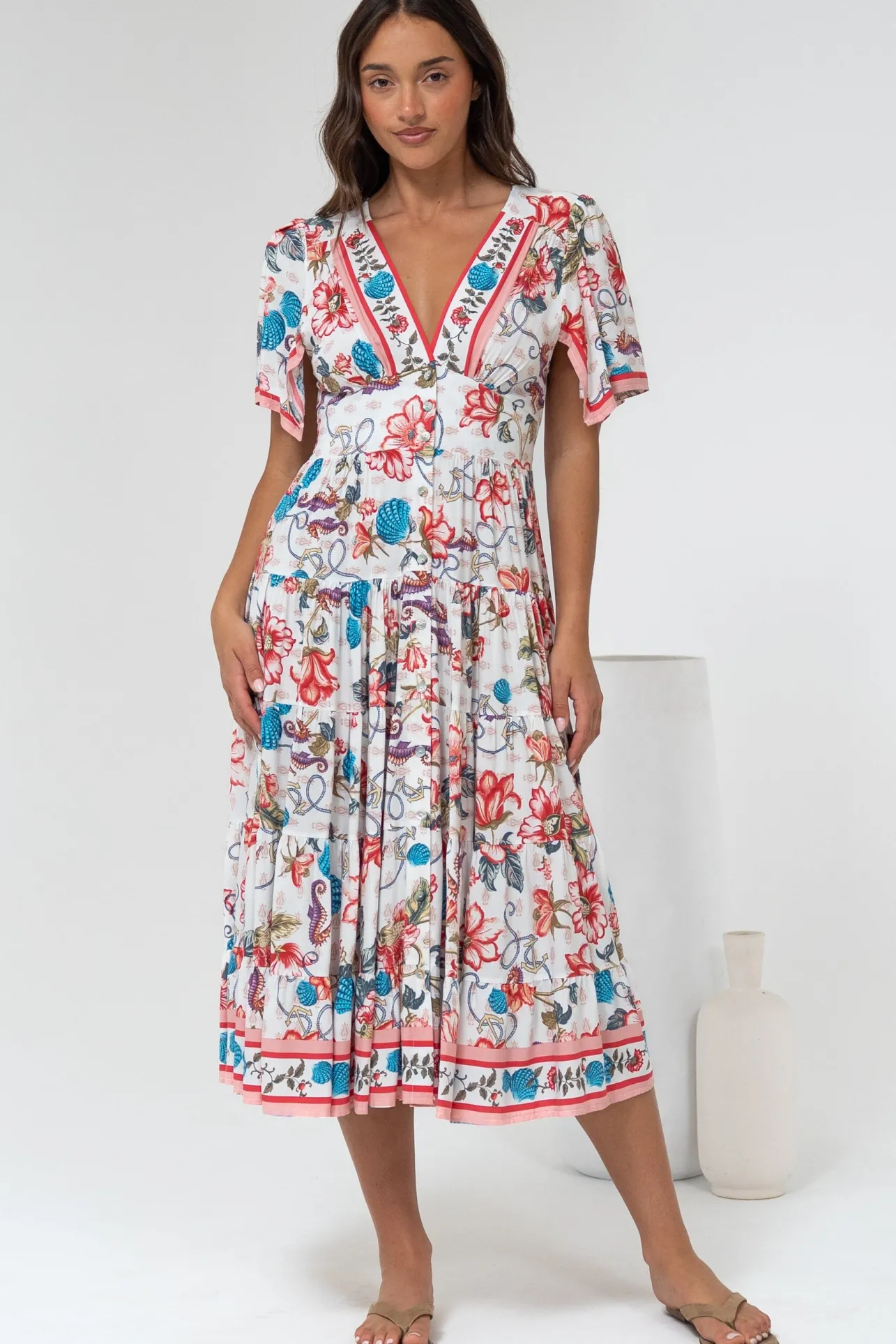 Melba Midi Dress - V-Neck Buttoned Down Dress with Flutter Sleeves in Safia Print>Salty Crush Best