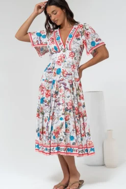 Melba Midi Dress - V-Neck Buttoned Down Dress with Flutter Sleeves in Safia Print><noscript><img width=