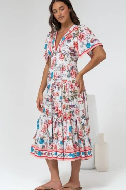 Melba Midi Dress - V-Neck Buttoned Down Dress with Flutter Sleeves in Safia Print><noscript><img width=