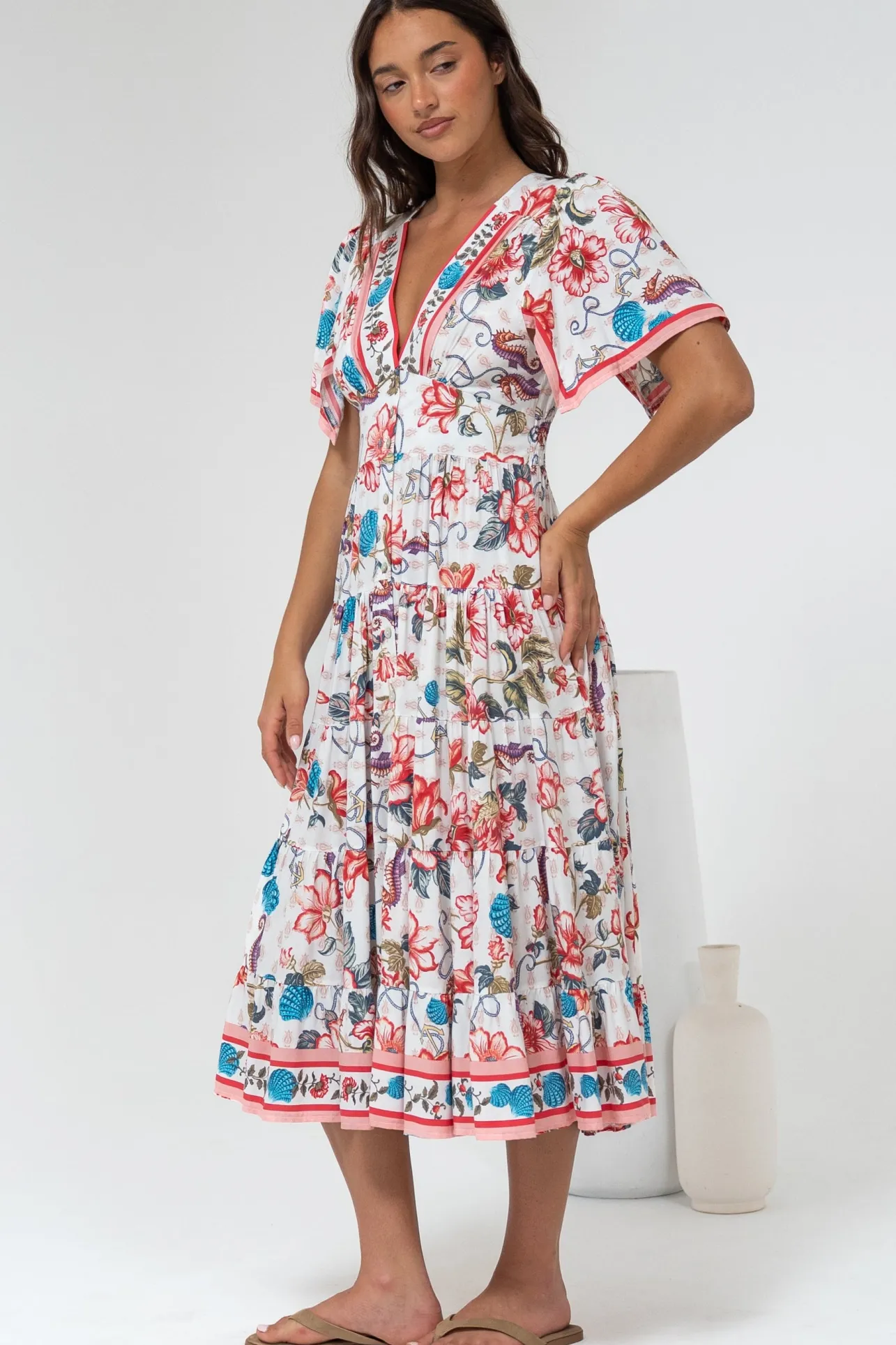 Melba Midi Dress - V-Neck Buttoned Down Dress with Flutter Sleeves in Safia Print>Salty Crush Best