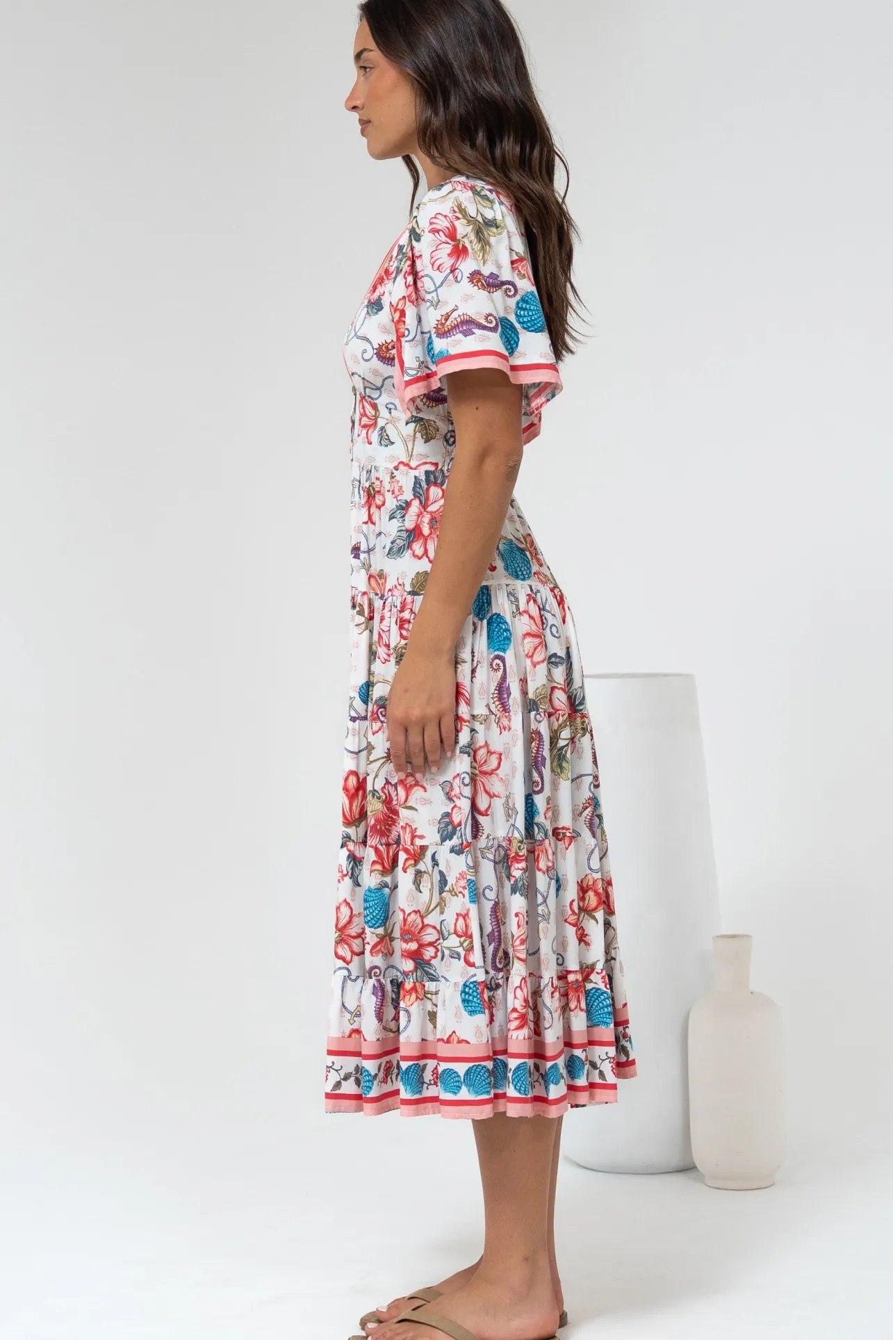 Melba Midi Dress - V-Neck Buttoned Down Dress with Flutter Sleeves in Safia Print>Salty Crush Best