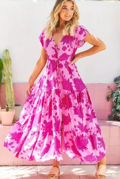 Melissa Maxi Dress - Pull Tie Waist Dress with Split in Valentine Print>Jaase Sale