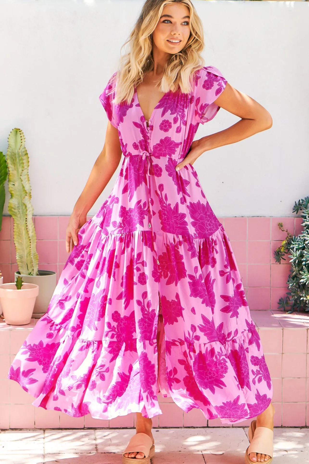 Melissa Maxi Dress - Pull Tie Waist Dress with Split in Valentine Print>Jaase Sale