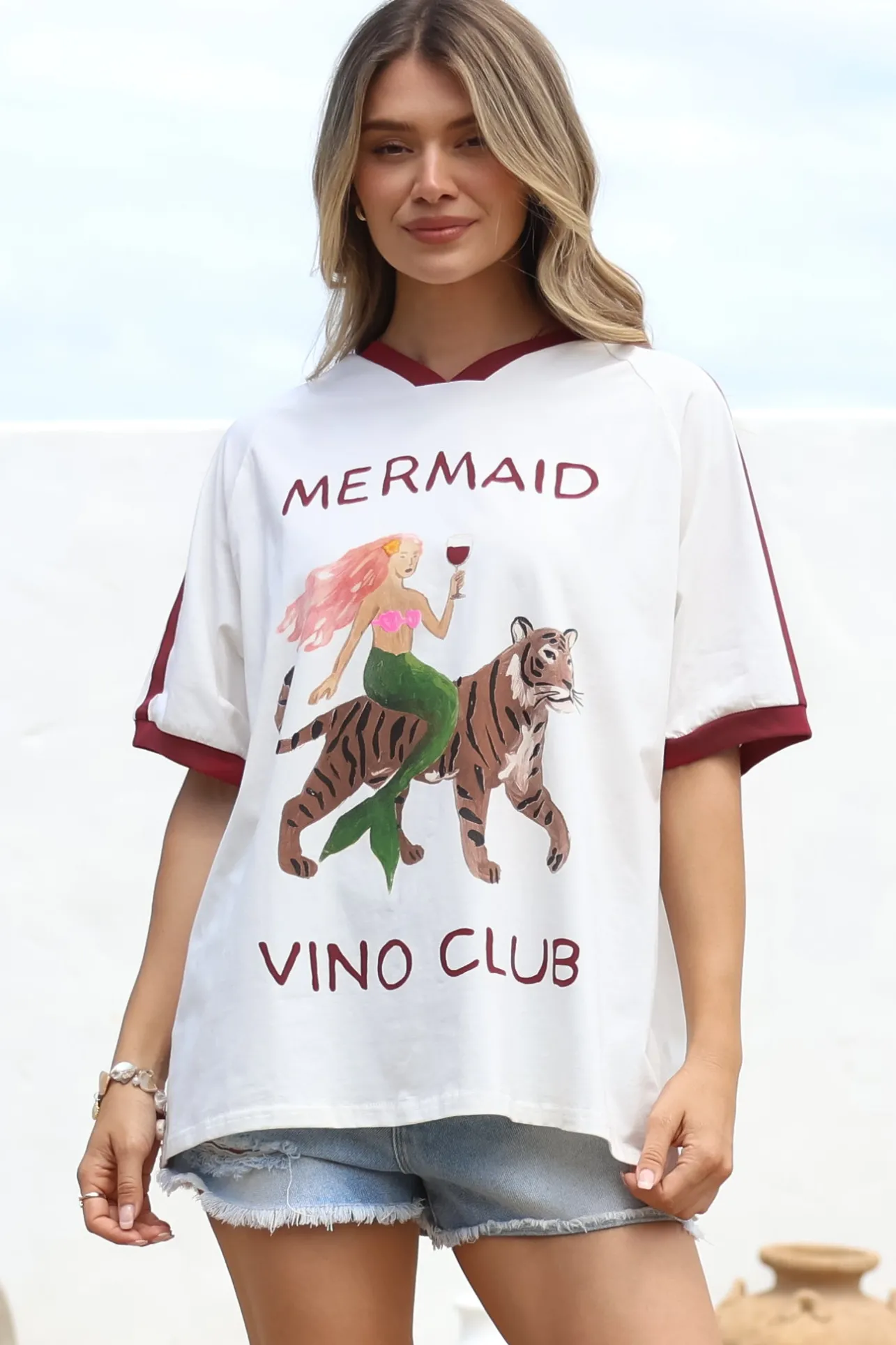 Mermaid Vino Club Tee - Graphic Print Short Sleeve T-Shirt with Racer Stripe Sleeves in White>Salty Crush Online