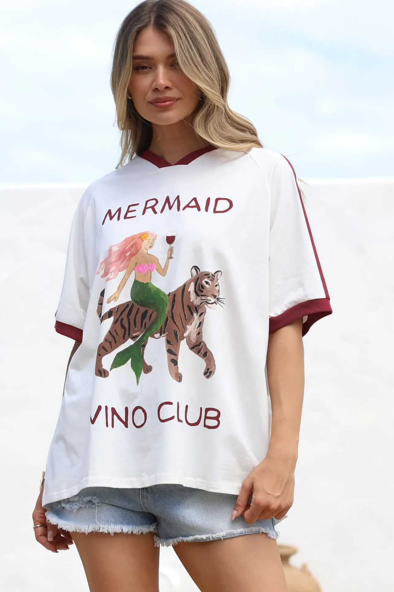 Mermaid Vino Club Tee - Graphic Print Short Sleeve T-Shirt with Racer Stripe Sleeves in White>Salty Crush Online