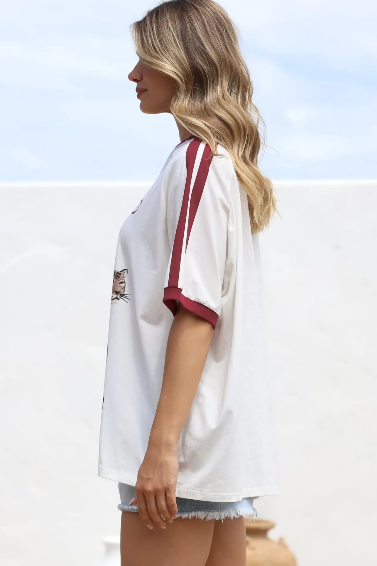 Mermaid Vino Club Tee - Graphic Print Short Sleeve T-Shirt with Racer Stripe Sleeves in White>Salty Crush Online