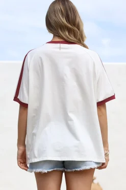Mermaid Vino Club Tee - Graphic Print Short Sleeve T-Shirt with Racer Stripe Sleeves in White><noscript><img width=