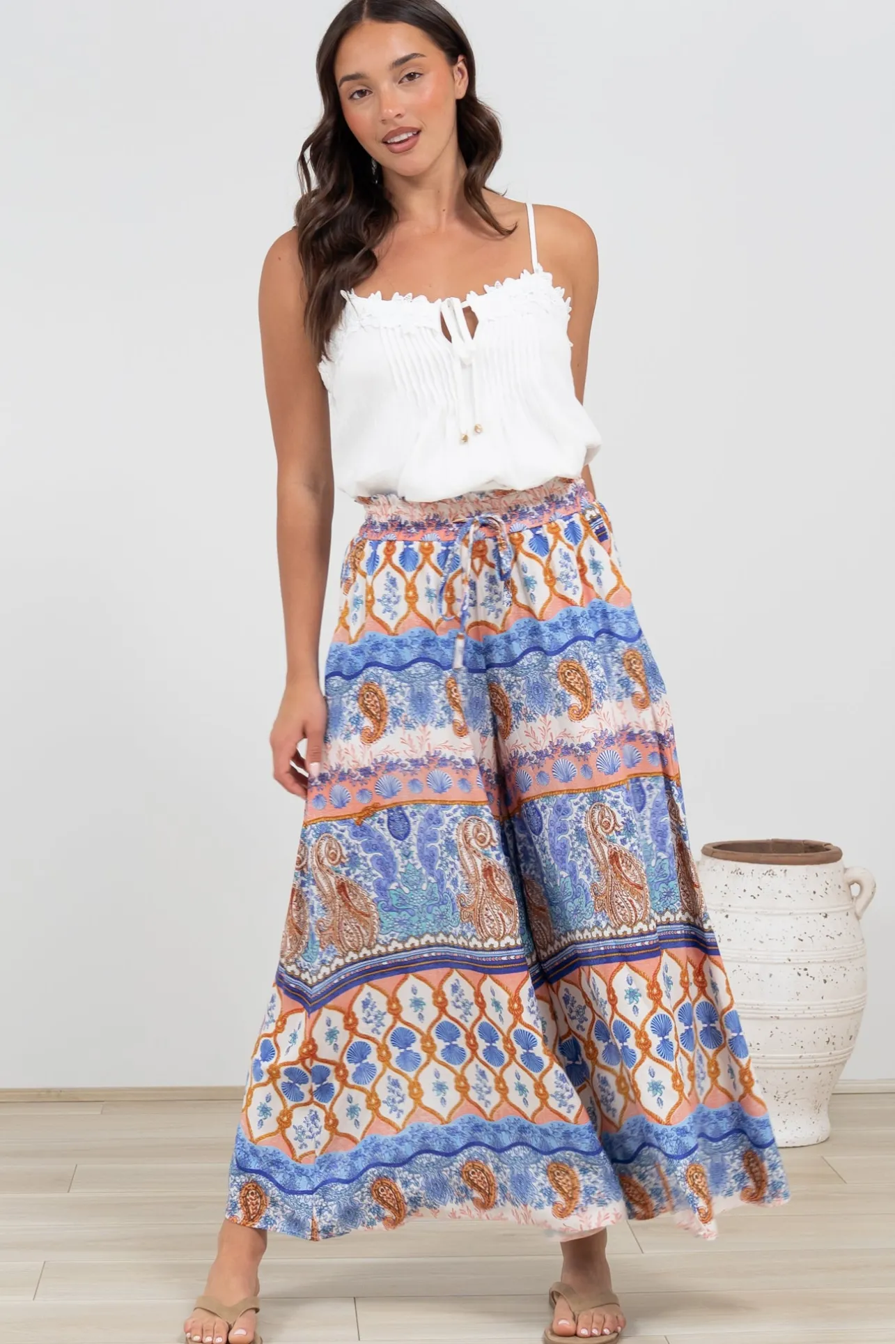 Mezza Pants - Paper Bag High Waisted Wide Leg Pants in Belly Print>Salty Crush New