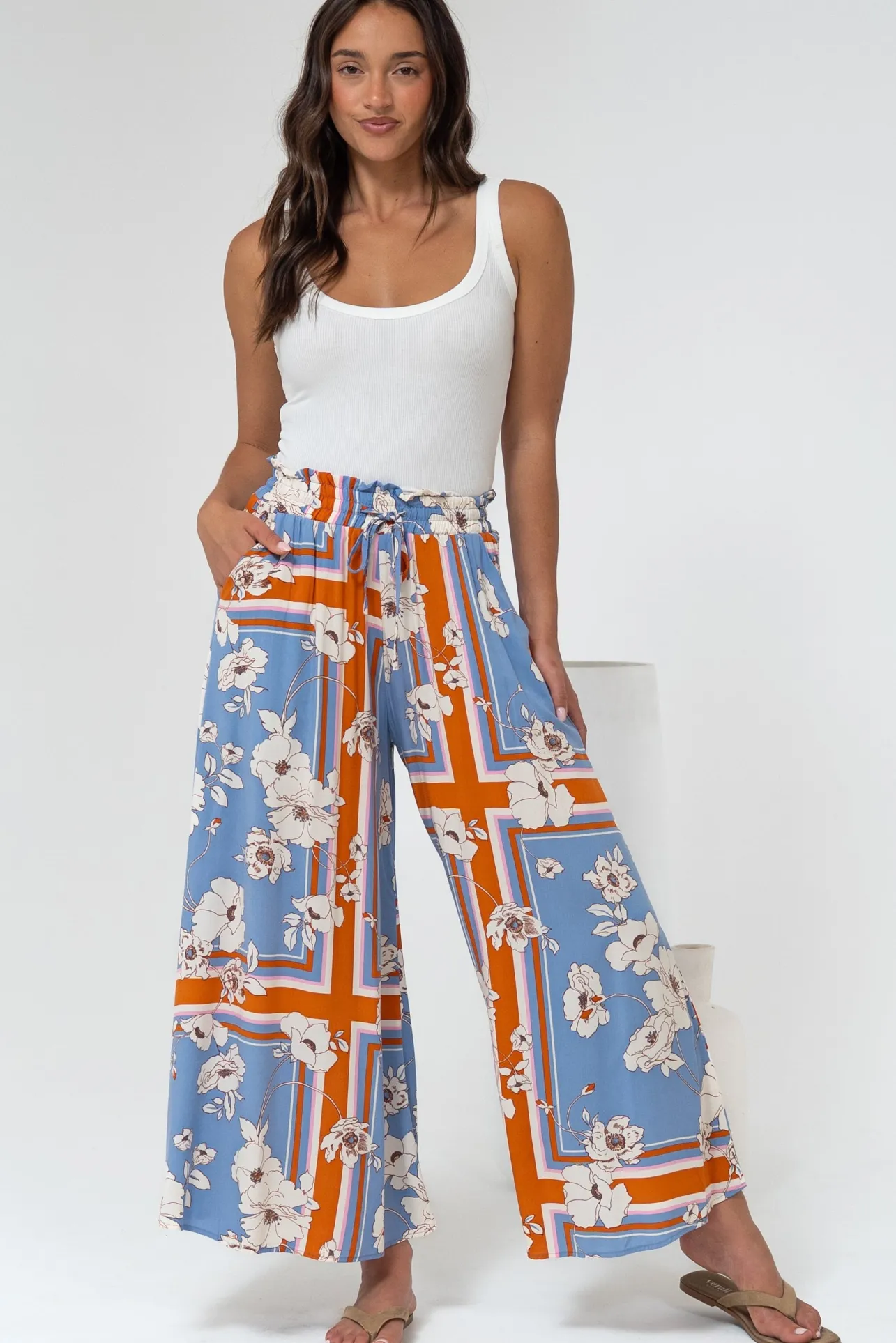 Mezza Pants - Paper Bag High Waisted Wide Leg Pants in Trinity Print>Salty Crush