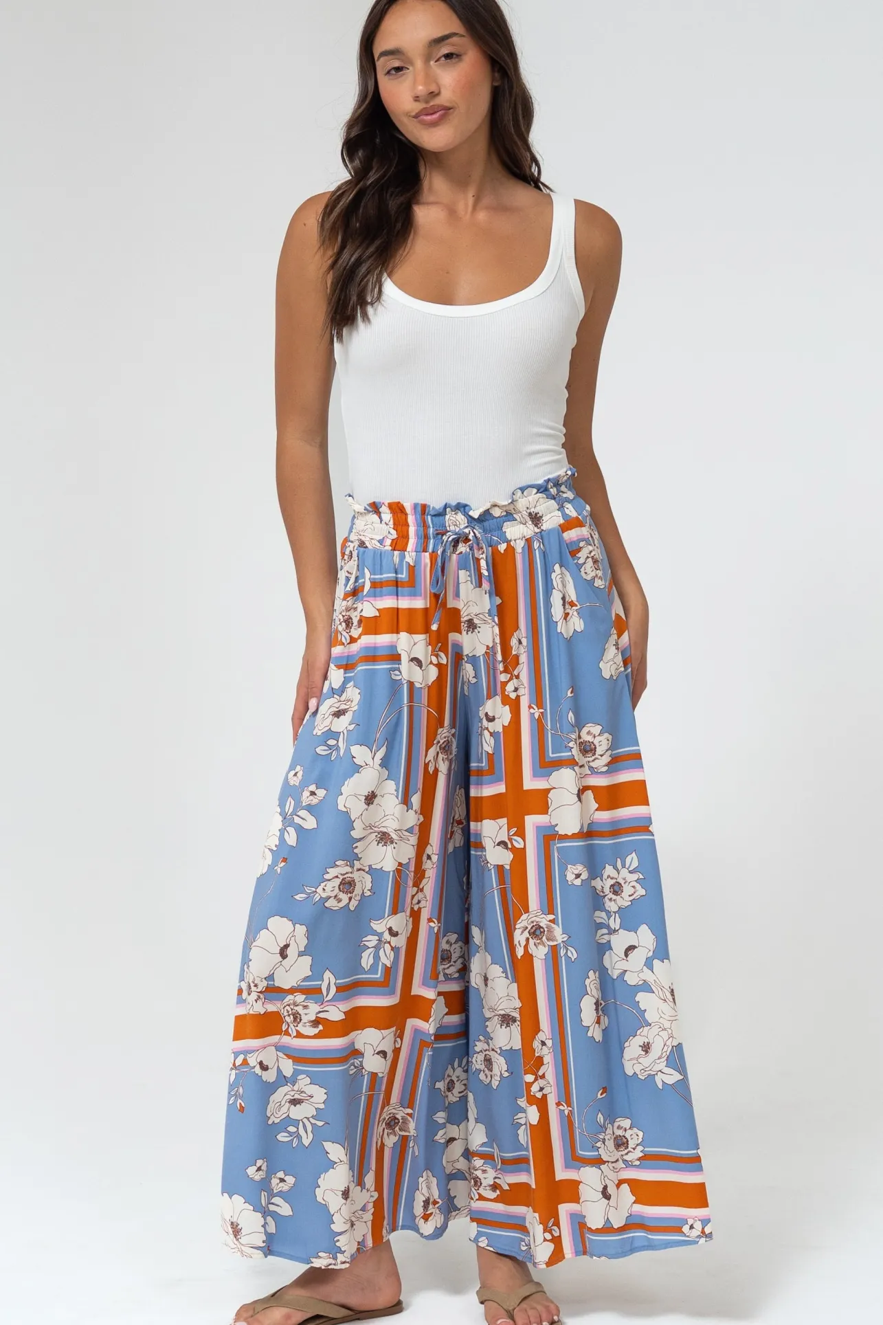Mezza Pants - Paper Bag High Waisted Wide Leg Pants in Trinity Print>Salty Crush