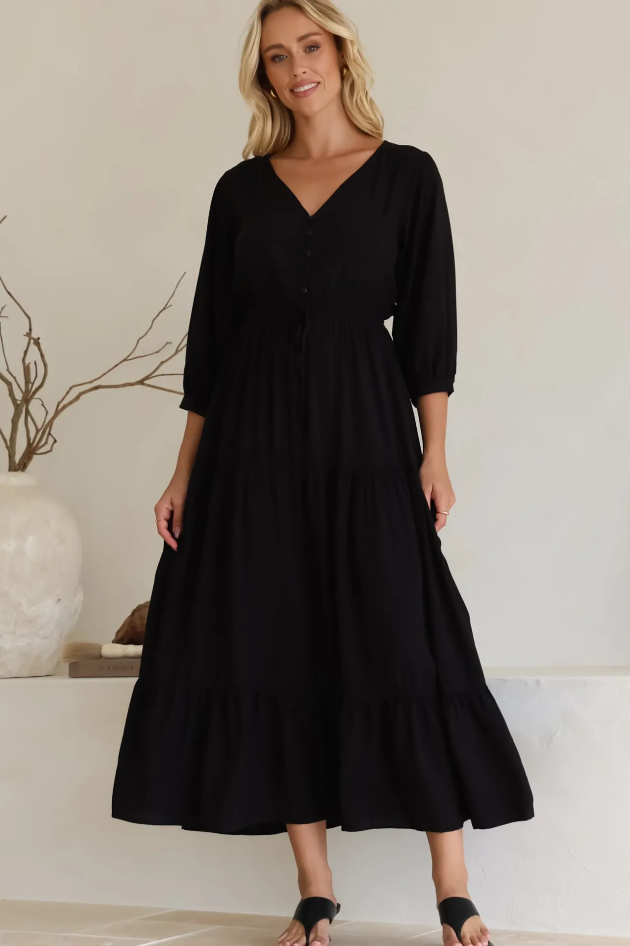Mia Maxi Dress - V Neck 3/4 Sleeve Tiered Dress in Black>Salty Crush Discount