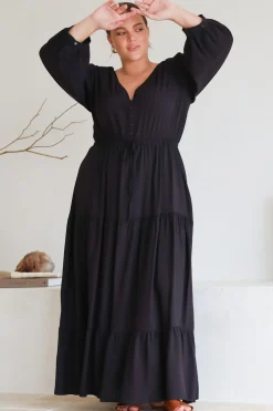 Mia Maxi Dress - V Neck 3/4 Sleeve Tiered Dress in Black>Salty Crush Discount