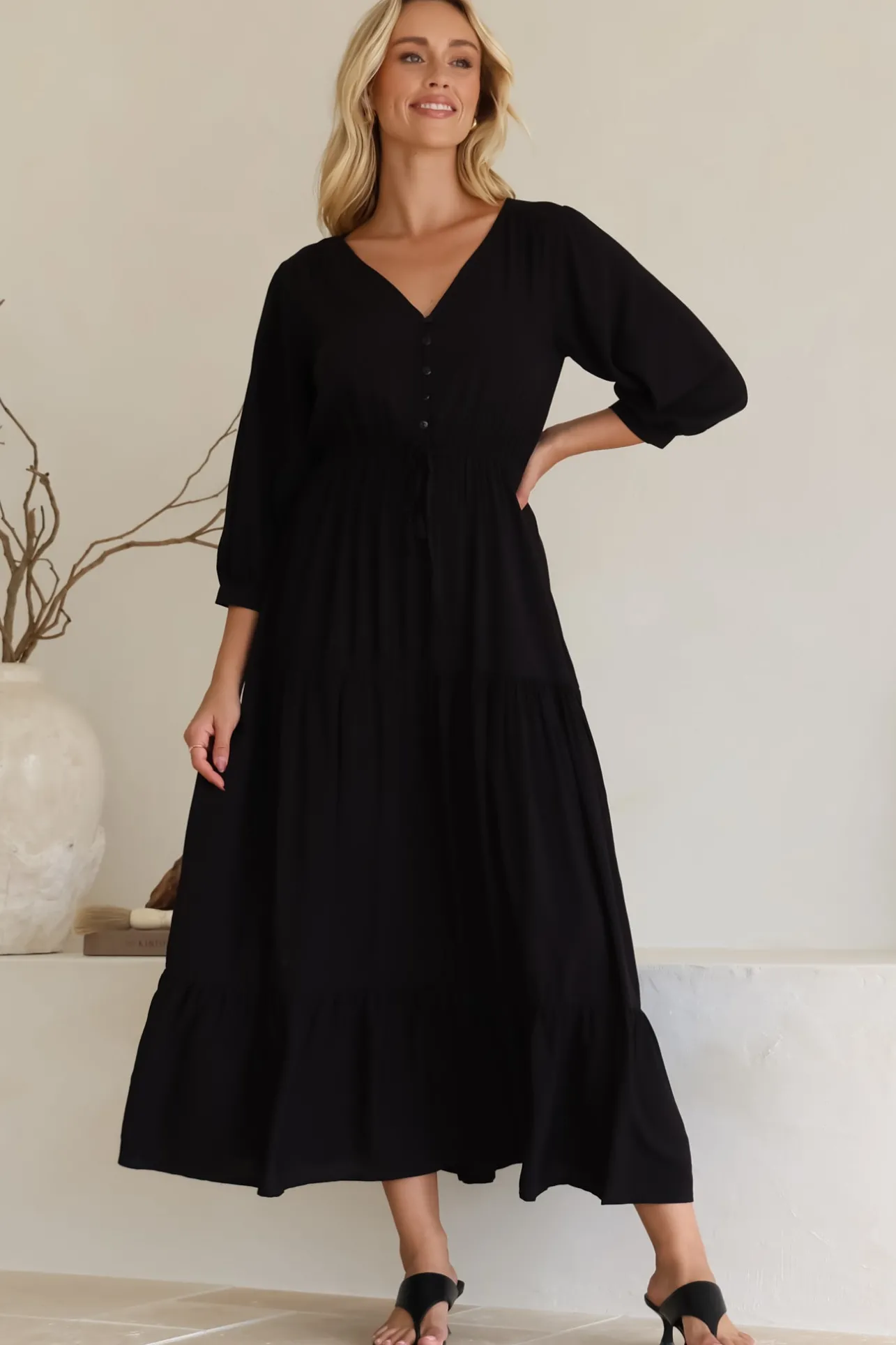 Mia Maxi Dress - V Neck 3/4 Sleeve Tiered Dress in Black>Salty Crush Discount