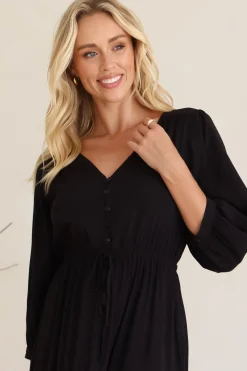 Mia Maxi Dress - V Neck 3/4 Sleeve Tiered Dress in Black><noscript><img width=