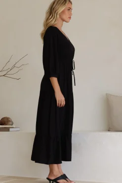 Mia Maxi Dress - V Neck 3/4 Sleeve Tiered Dress in Black><noscript><img width=