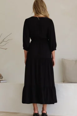 Mia Maxi Dress - V Neck 3/4 Sleeve Tiered Dress in Black><noscript><img width=
