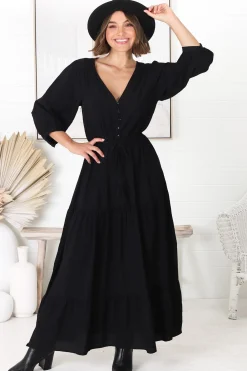 Mia Maxi Dress - V Neck 3/4 Sleeve Tiered Dress in Black><noscript><img width=
