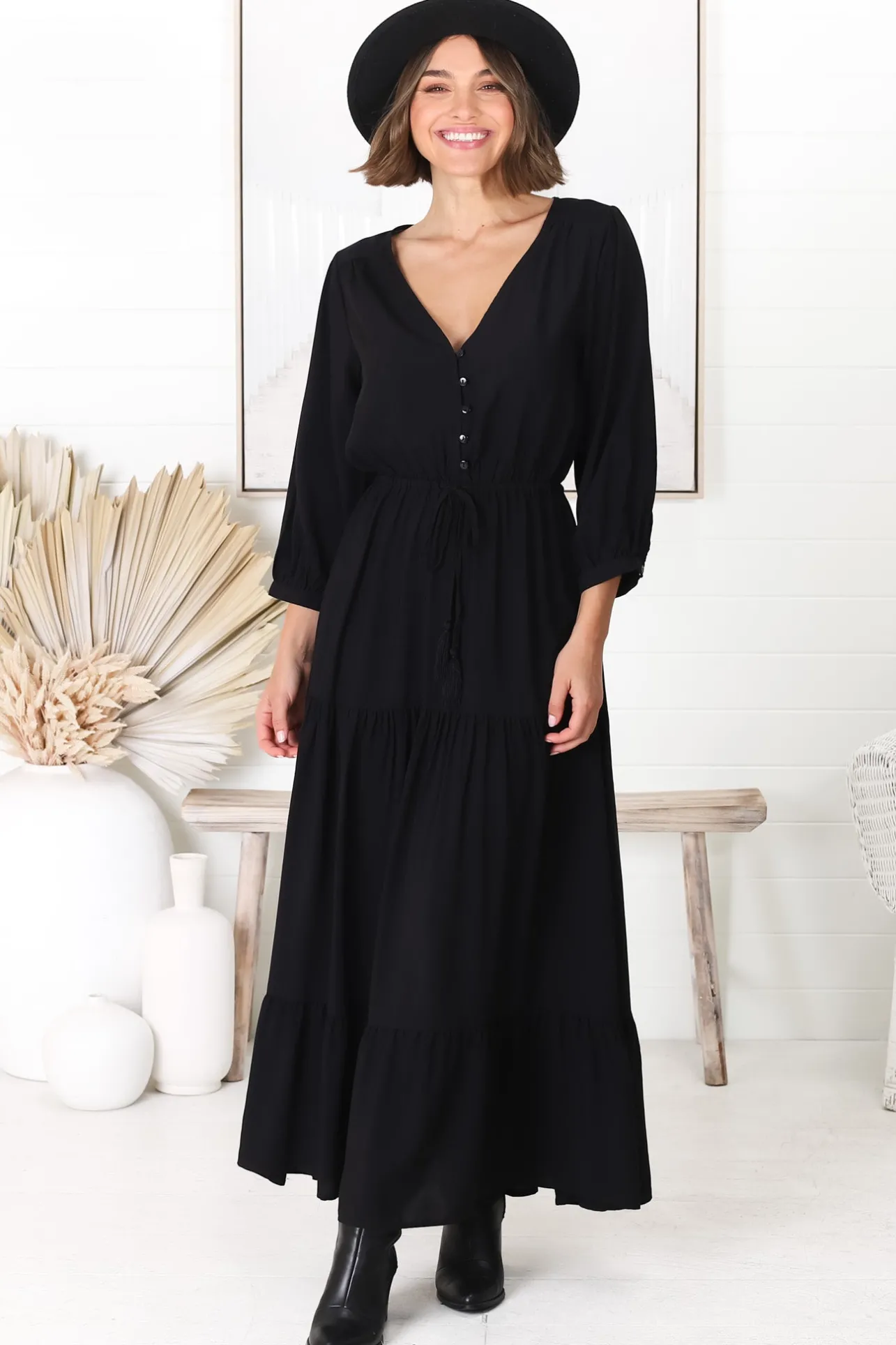 Mia Maxi Dress - V Neck 3/4 Sleeve Tiered Dress in Black>Salty Crush Discount