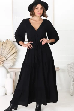 Mia Maxi Dress - V Neck 3/4 Sleeve Tiered Dress in Black><noscript><img width=