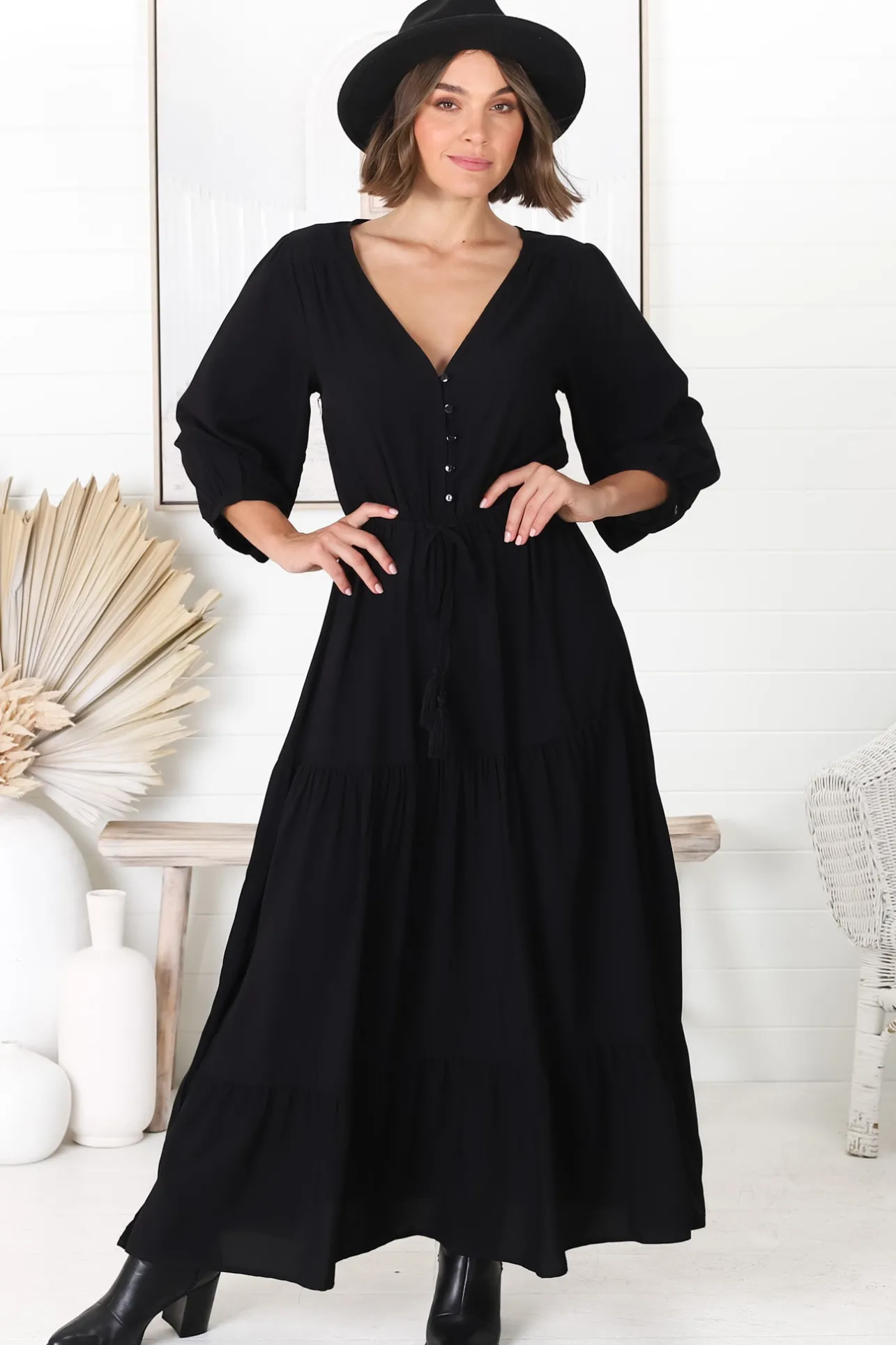 Mia Maxi Dress - V Neck 3/4 Sleeve Tiered Dress in Black>Salty Crush Discount