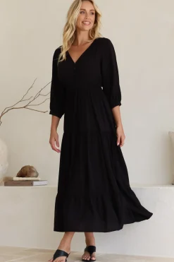Mia Maxi Dress - V Neck 3/4 Sleeve Tiered Dress in Black><noscript><img width=