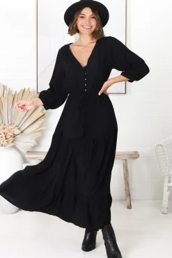Mia Maxi Dress - V Neck 3/4 Sleeve Tiered Dress in Black><noscript><img width=
