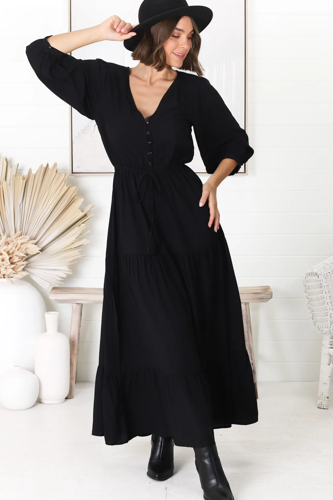 Mia Maxi Dress - V Neck 3/4 Sleeve Tiered Dress in Black>Salty Crush Discount