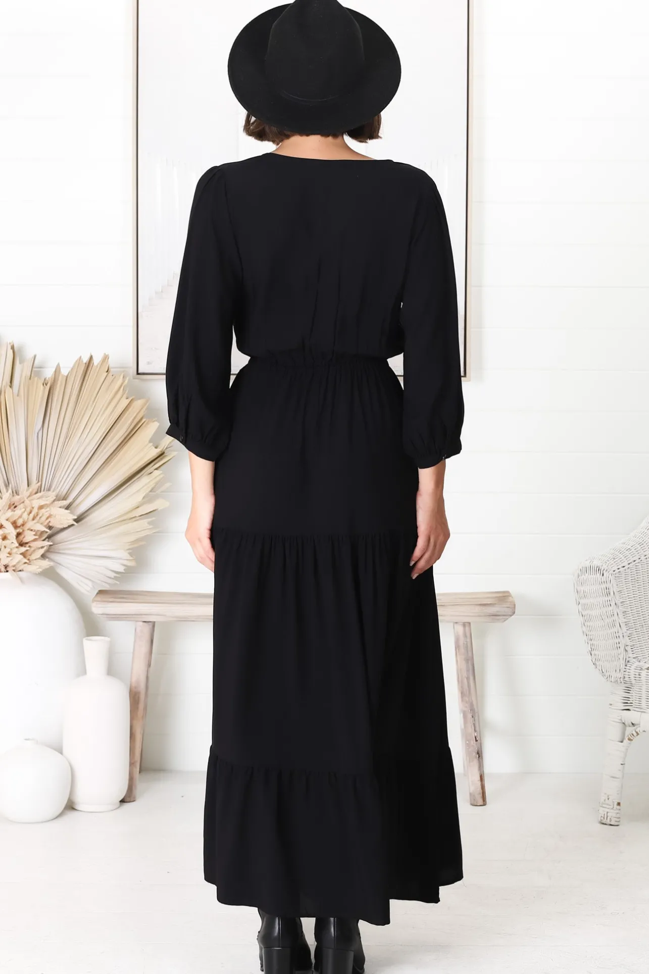 Mia Maxi Dress - V Neck 3/4 Sleeve Tiered Dress in Black>Salty Crush Discount