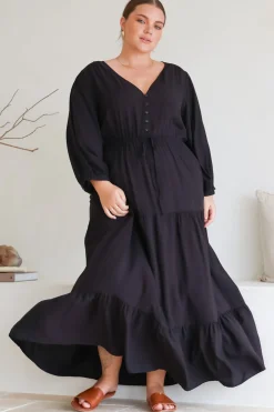 Mia Maxi Dress - V Neck 3/4 Sleeve Tiered Dress in Black><noscript><img width=