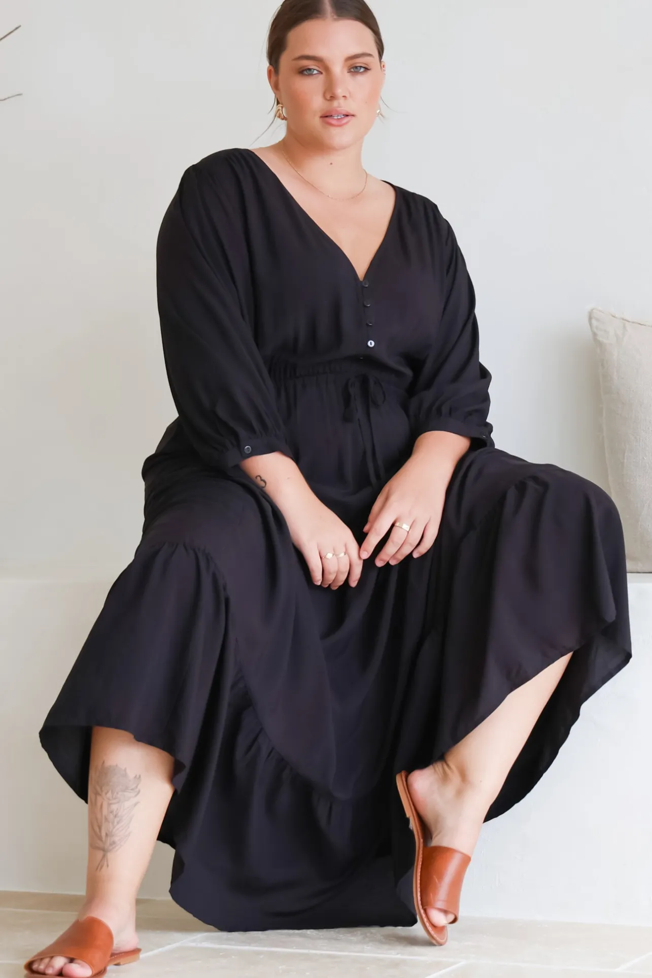 Mia Maxi Dress - V Neck 3/4 Sleeve Tiered Dress in Black>Salty Crush Discount