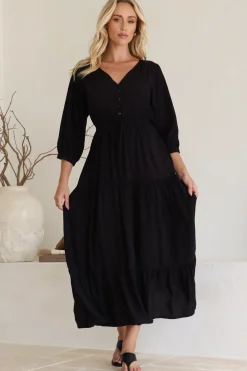 Mia Maxi Dress - V Neck 3/4 Sleeve Tiered Dress in Black><noscript><img width=