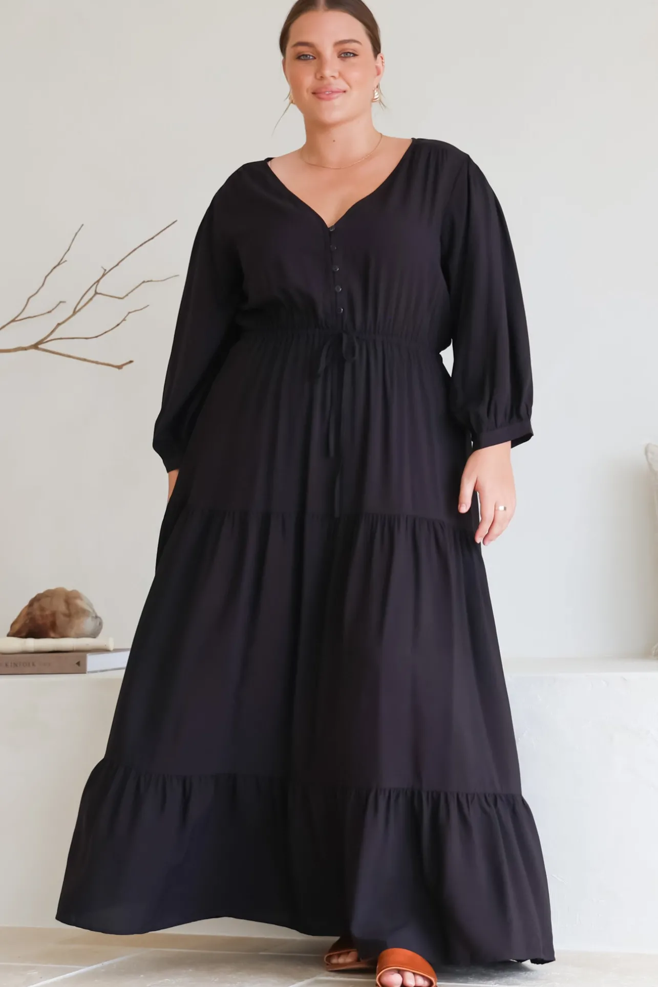 Mia Maxi Dress - V Neck 3/4 Sleeve Tiered Dress in Black>Salty Crush Discount