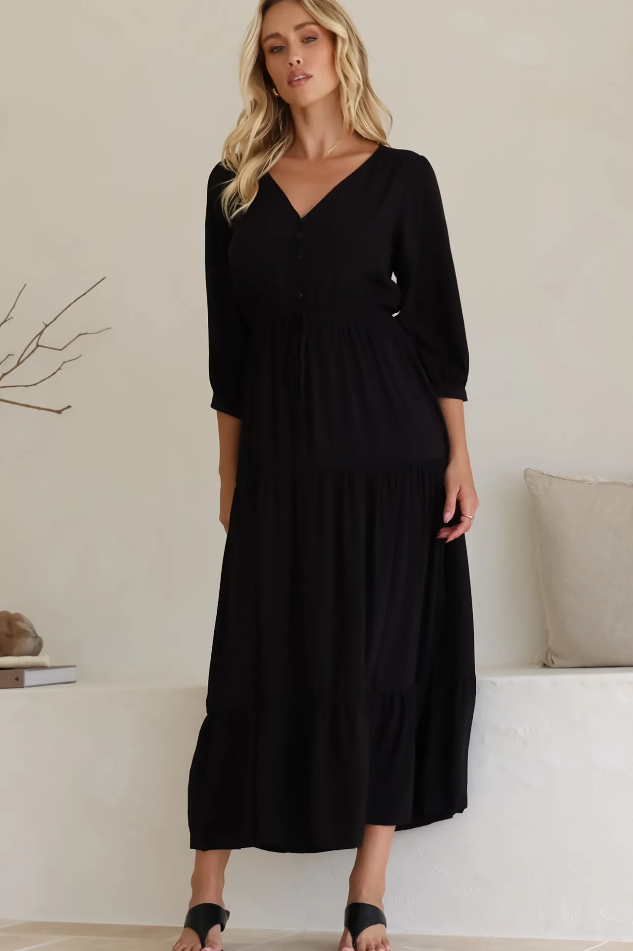 Mia Maxi Dress - V Neck 3/4 Sleeve Tiered Dress in Black>Salty Crush Discount