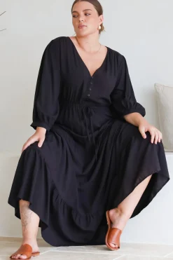 Mia Maxi Dress - V Neck 3/4 Sleeve Tiered Dress in Black><noscript><img width=