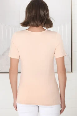 Mia T-Shirt - Soft V Neck Stretchy Tee in Beige><noscript><img width=