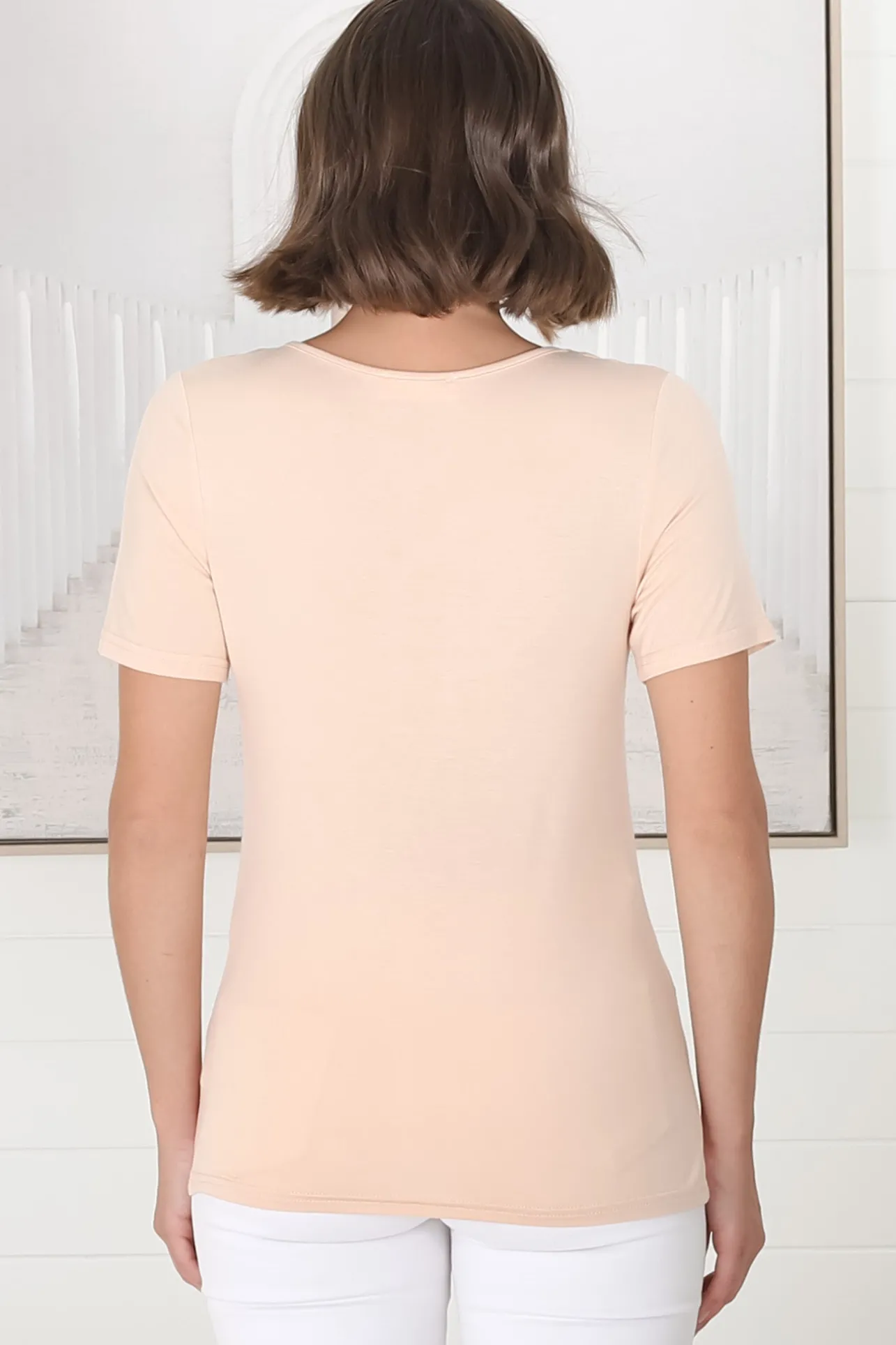 Mia T-Shirt - Soft V Neck Stretchy Tee in Beige>Salty Crush Hot