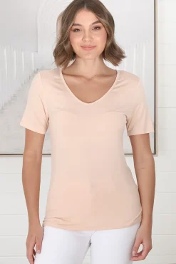 Mia T-Shirt - Soft V Neck Stretchy Tee in Beige><noscript><img width=