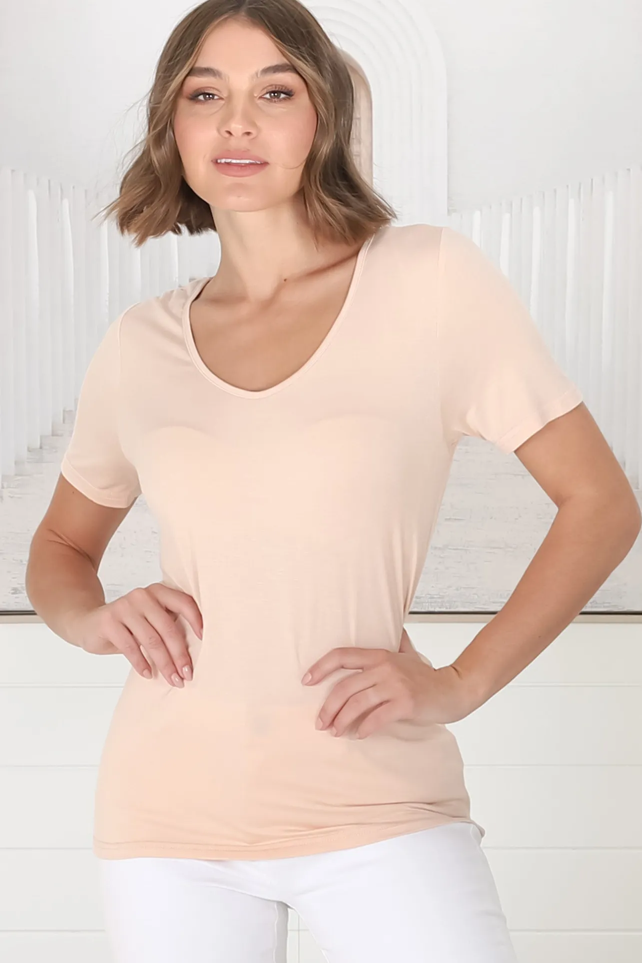 Mia T-Shirt - Soft V Neck Stretchy Tee in Beige>Salty Crush Hot