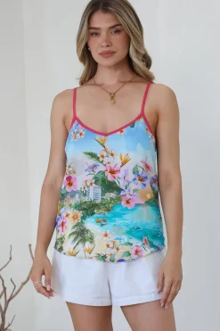 Micaela Top - V-Neck Contrast Trim Cami with Adjustable Straps in Della Print>Salty Crush Hot