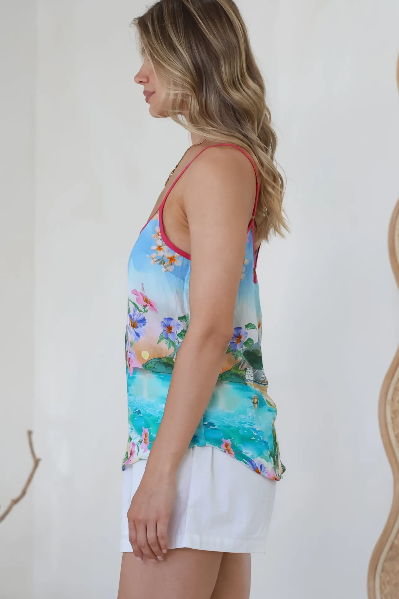 Micaela Top - V-Neck Contrast Trim Cami with Adjustable Straps in Della Print>Salty Crush Hot