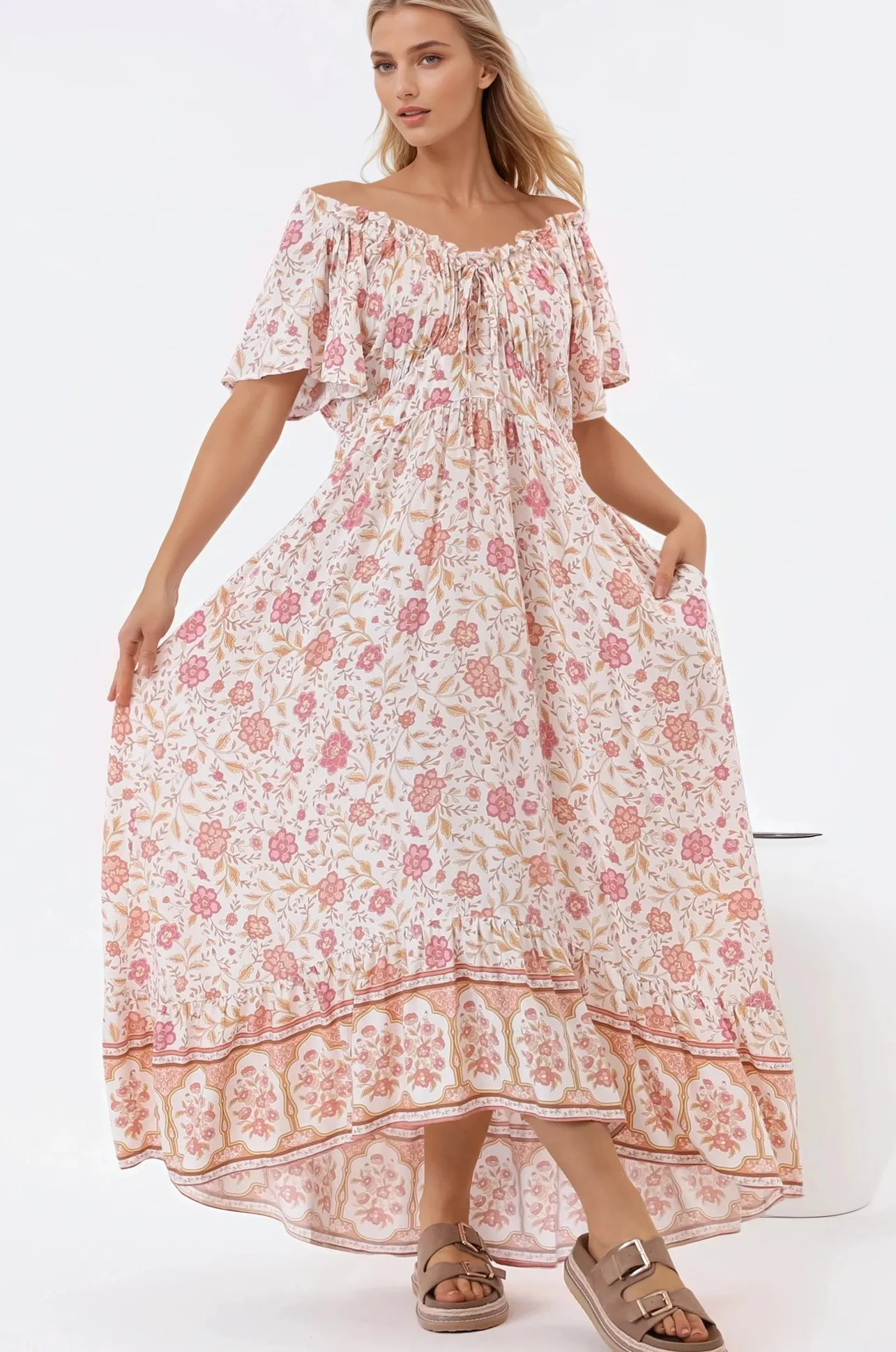 Micalea Midi Dress - On or Off Shoulder Tie Back A Line Dress in Stacey Print>Salty Crush Discount