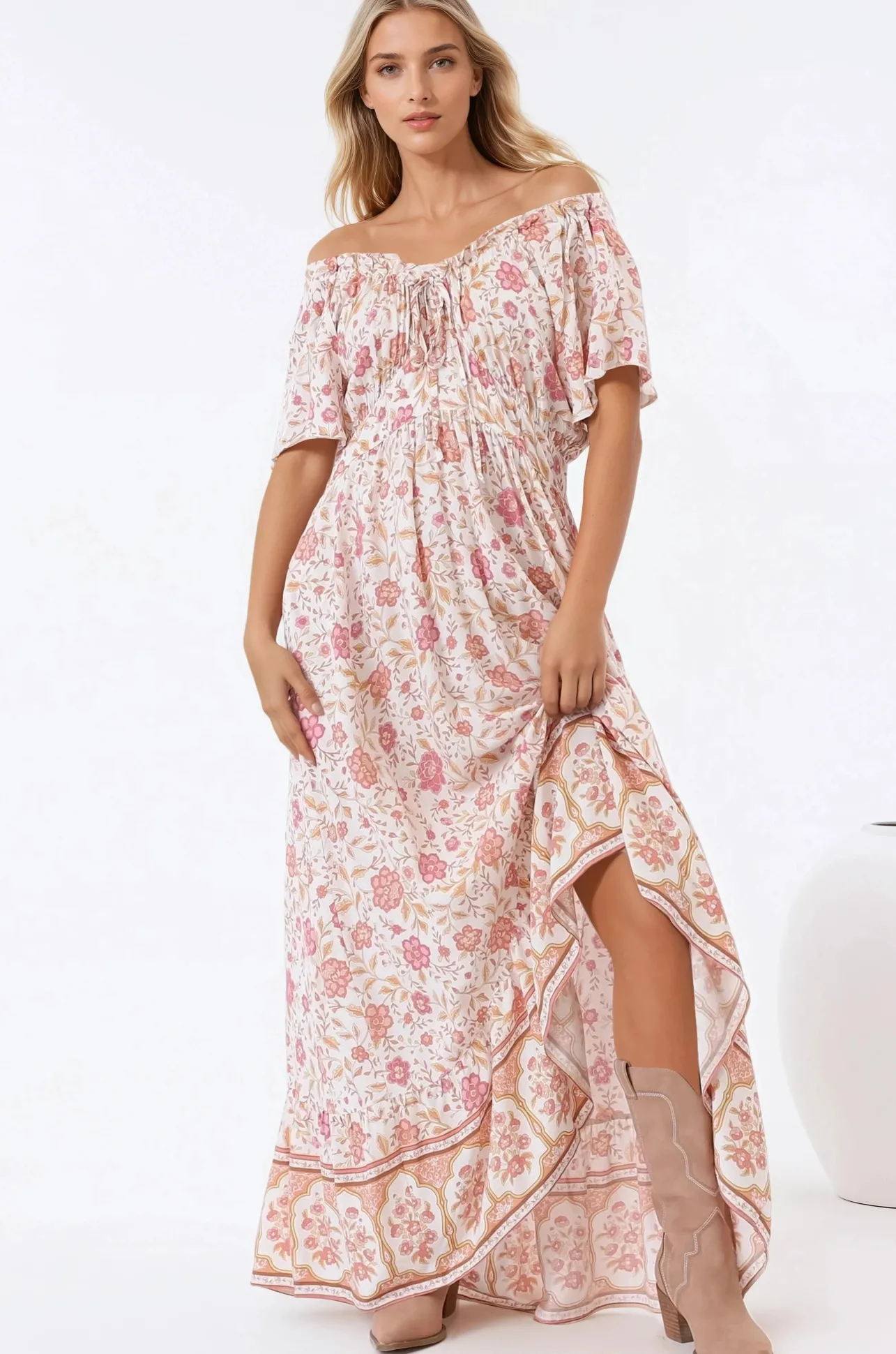 Micalea Midi Dress - On or Off Shoulder Tie Back A Line Dress in Stacey Print>Salty Crush Discount