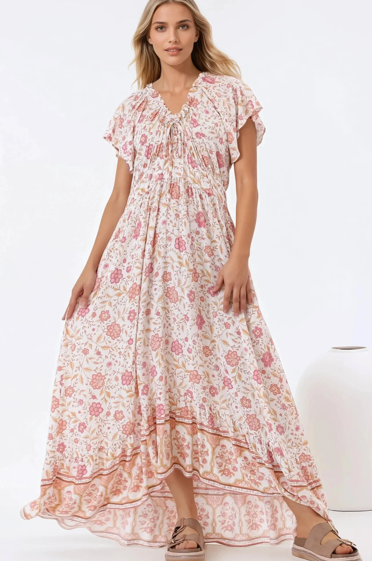 Micalea Midi Dress - On or Off Shoulder Tie Back A Line Dress in Stacey Print>Salty Crush Discount